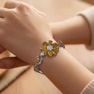 925 Sterling Silver Adjustable Flower Bracelet with Natural Yellow Sapphire Gem